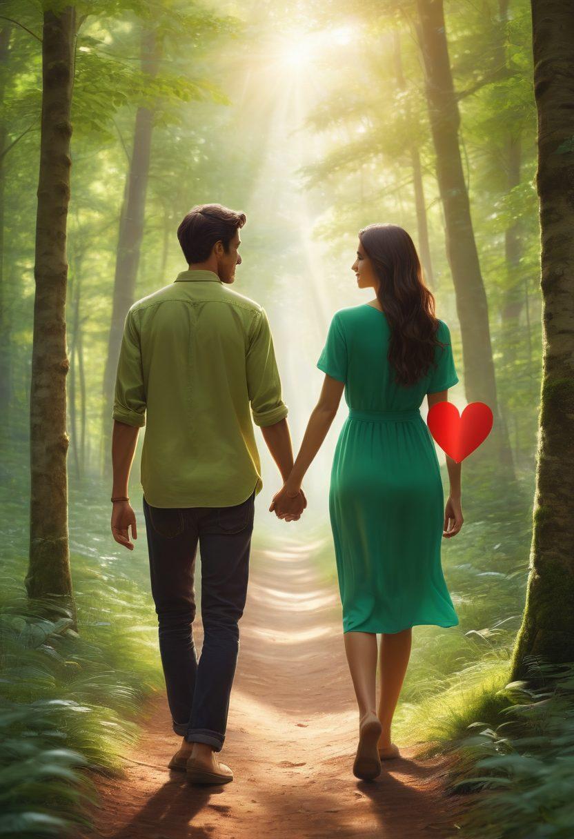 A serene landscape depicting a couple holding hands walking through a lush green forest, symbolizing intimacy and connection. Soft, warm sunlight filters through the trees, casting a gentle glow on their faces, showcasing happiness and trust. In the foreground, subtle icons like hearts and books represent resources for healthy relationships. The overall mood is tranquil and inviting, encouraging exploration and understanding of intimacy. vibrant colors. super-realistic.