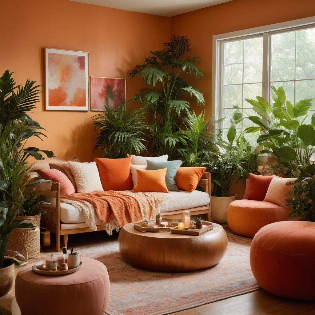 A serene, inviting space showcasing a variety of adult wellness products, surrounded by soft lighting, lush plants, and empowering art. A diverse group of relaxed individuals engaged in open conversation and laughter, embodying the theme of empowerment and exploration. Include elements of self-care, intimacy, and personal growth. Warm colors, a cozy atmosphere, and artistic textures. super-realistic. vibrant colors.