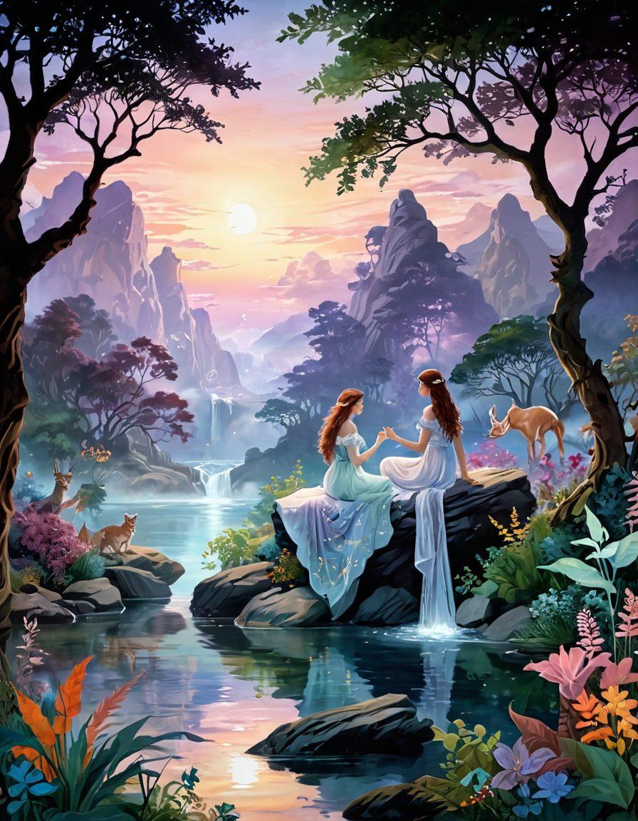 A beautifully illustrated scene featuring a serene and harmonious blend of fantasy and reality elements, such as ethereal landscapes, mythical creatures engaged in conversation, and soft, soothing colors. Include symbolic representations of adult themes, like subtle hints of intimacy and connection, woven into the fabric of the environment. The scene should evoke feelings of enlightenment and exploration in the realm of sexual wellness. vibrant colors. ethereal fantasy style.